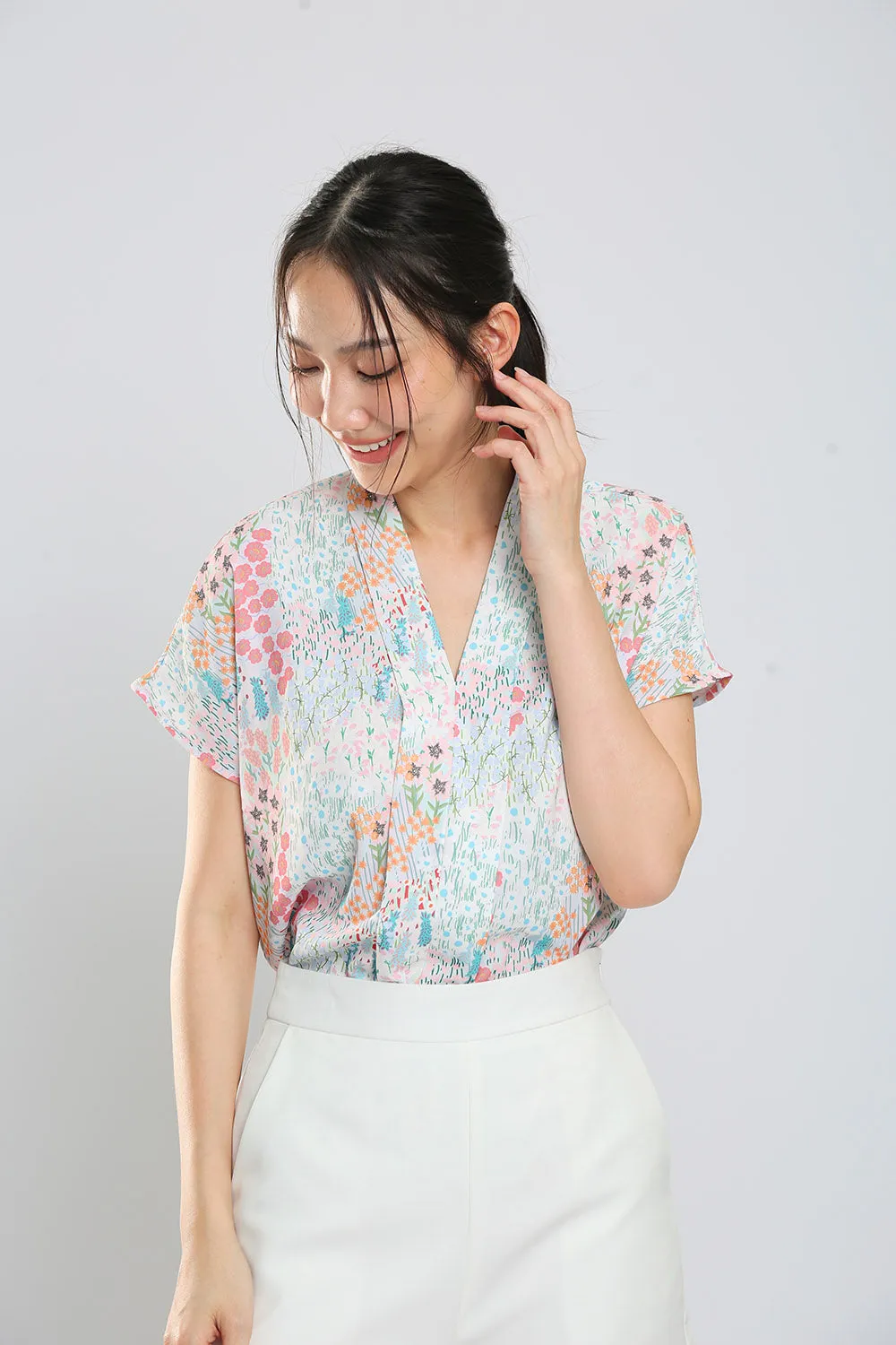 Addie Kimono Neckline Top in Japan Pink Floral