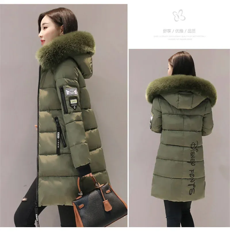 Bonnyshow New Winter Coat Parkas Women's Jacket Fur Neckline Long Basic Coats Thick Jackets Cotton Padded Outerwear Female Clothes