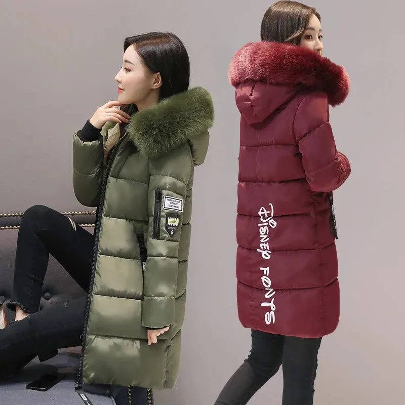 Bonnyshow New Winter Coat Parkas Women's Jacket Fur Neckline Long Basic Coats Thick Jackets Cotton Padded Outerwear Female Clothes