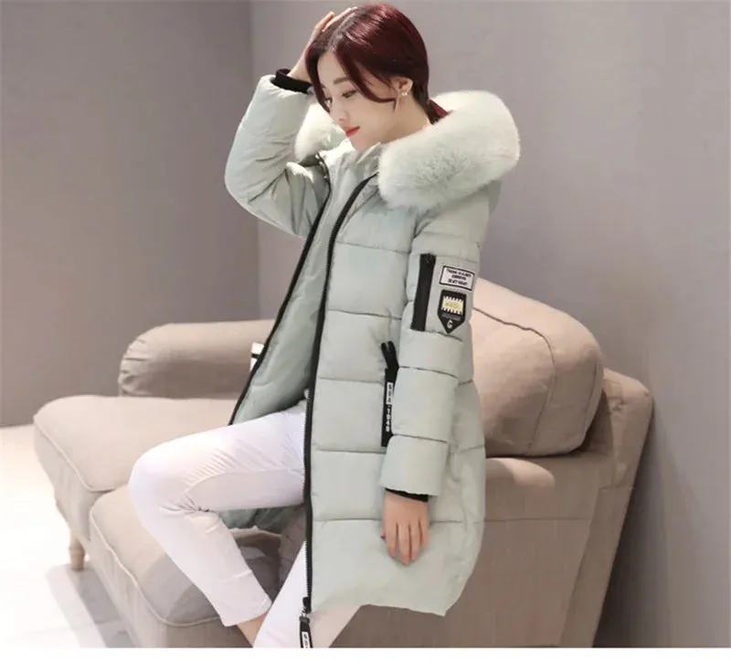 Bonnyshow New Winter Coat Parkas Women's Jacket Fur Neckline Long Basic Coats Thick Jackets Cotton Padded Outerwear Female Clothes