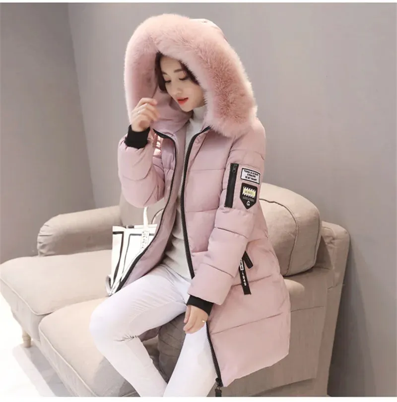 Bonnyshow New Winter Coat Parkas Women's Jacket Fur Neckline Long Basic Coats Thick Jackets Cotton Padded Outerwear Female Clothes