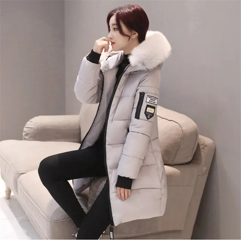 Bonnyshow New Winter Coat Parkas Women's Jacket Fur Neckline Long Basic Coats Thick Jackets Cotton Padded Outerwear Female Clothes