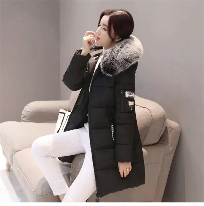 Bonnyshow New Winter Coat Parkas Women's Jacket Fur Neckline Long Basic Coats Thick Jackets Cotton Padded Outerwear Female Clothes