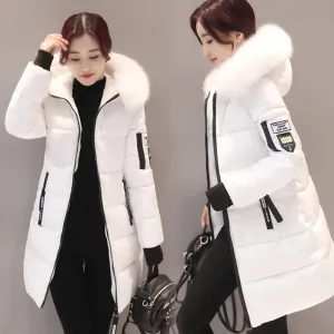 Bonnyshow New Winter Coat Parkas Women's Jacket Fur Neckline Long Basic Coats Thick Jackets Cotton Padded Outerwear Female Clothes