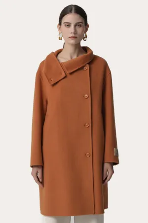 Brown Asymmetrical Neck Long Oversized Wool Coat