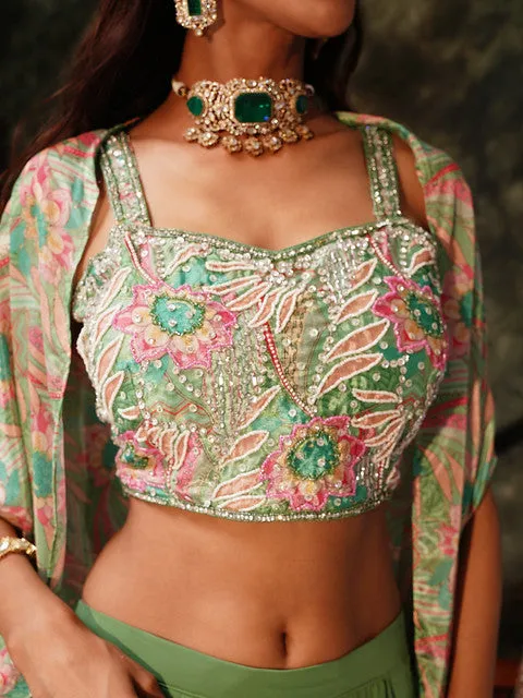 Captivating Hand Embroidered Green Indo Western