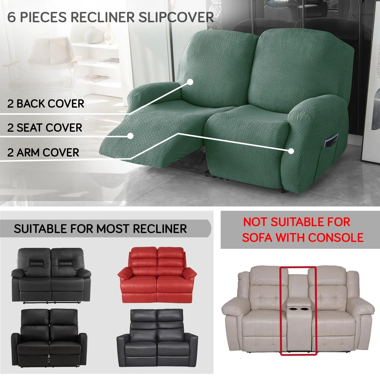 Continental Green Elastic Jacquard Recliner Sofa Cover | Stretchable & Anti Slip