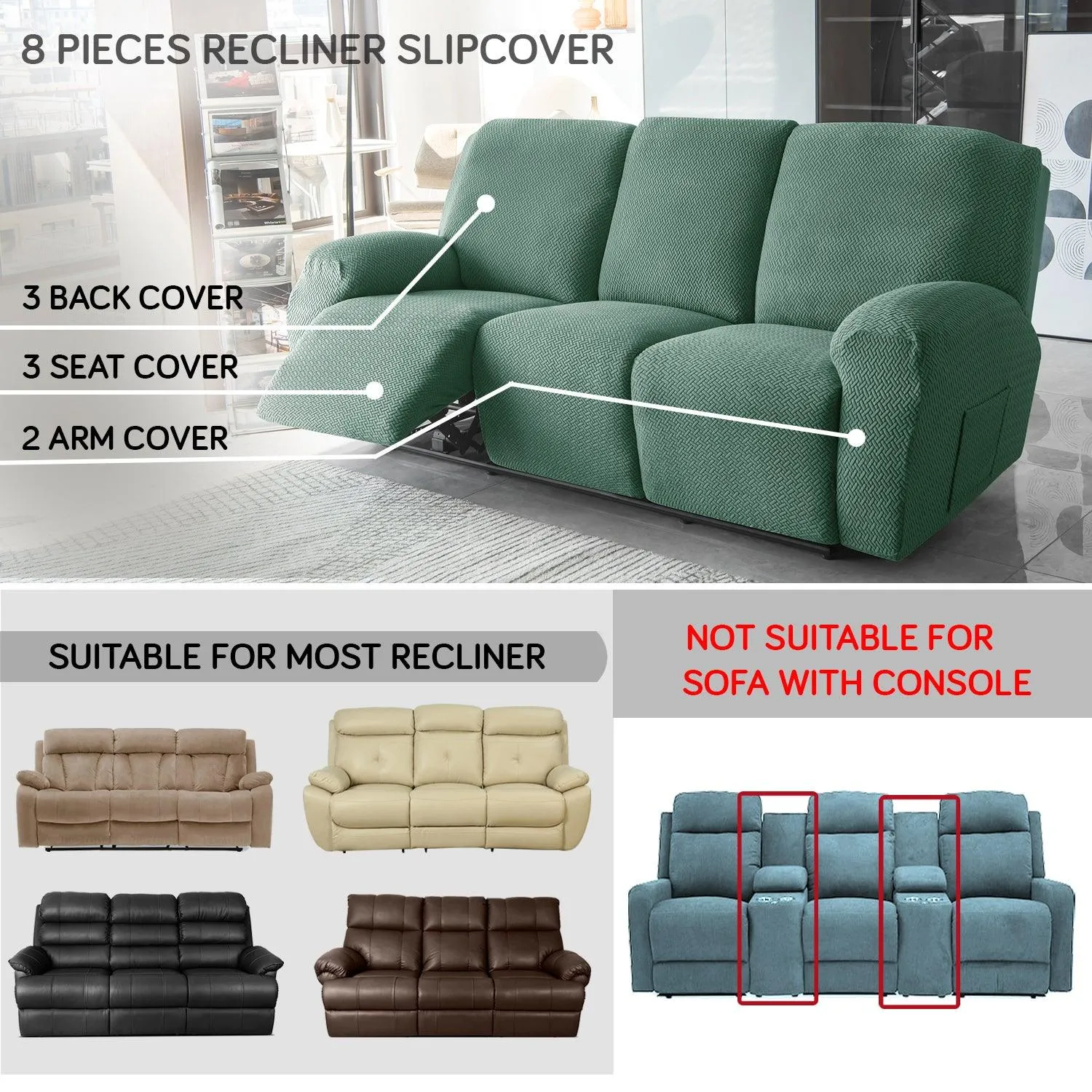 Continental Green Elastic Jacquard Recliner Sofa Cover | Stretchable & Anti Slip