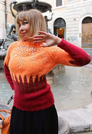 Designer Hand Knitted Organic Mohair Sweater with Strass and Paillettes