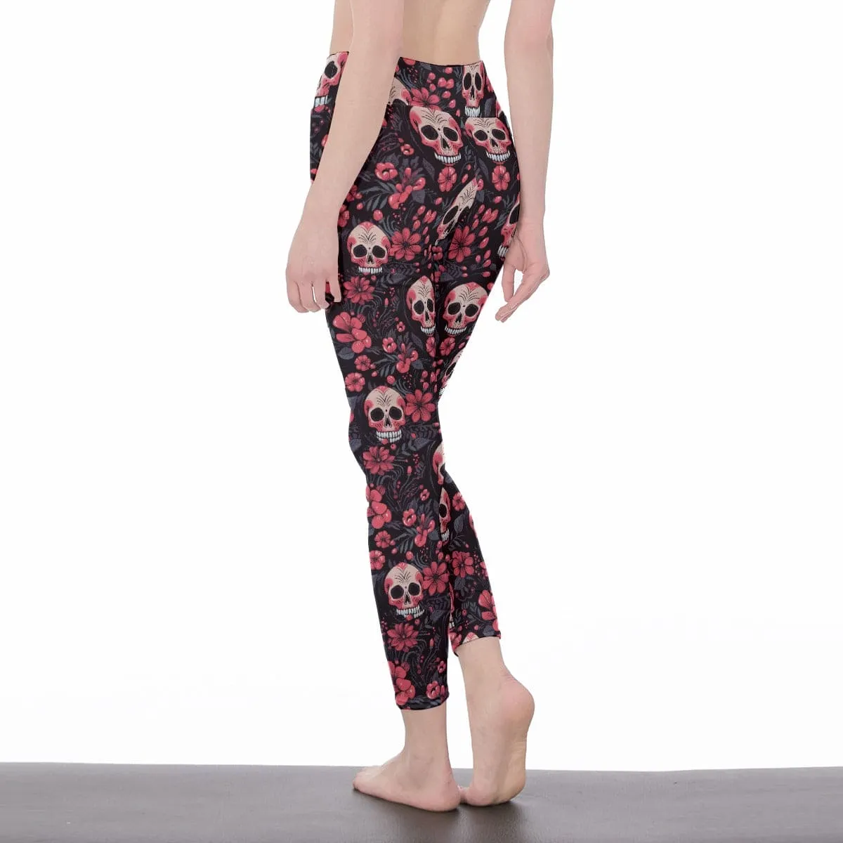 Get ready to make a statement in our Women's Pink Floral Skulls High Waist Leggings!