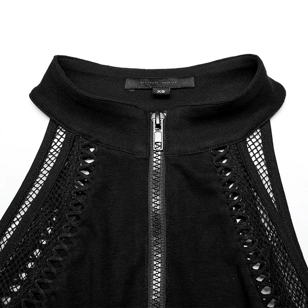 Gothic Punk Halter Mesh Tank Top - Zipper Front Black Vest