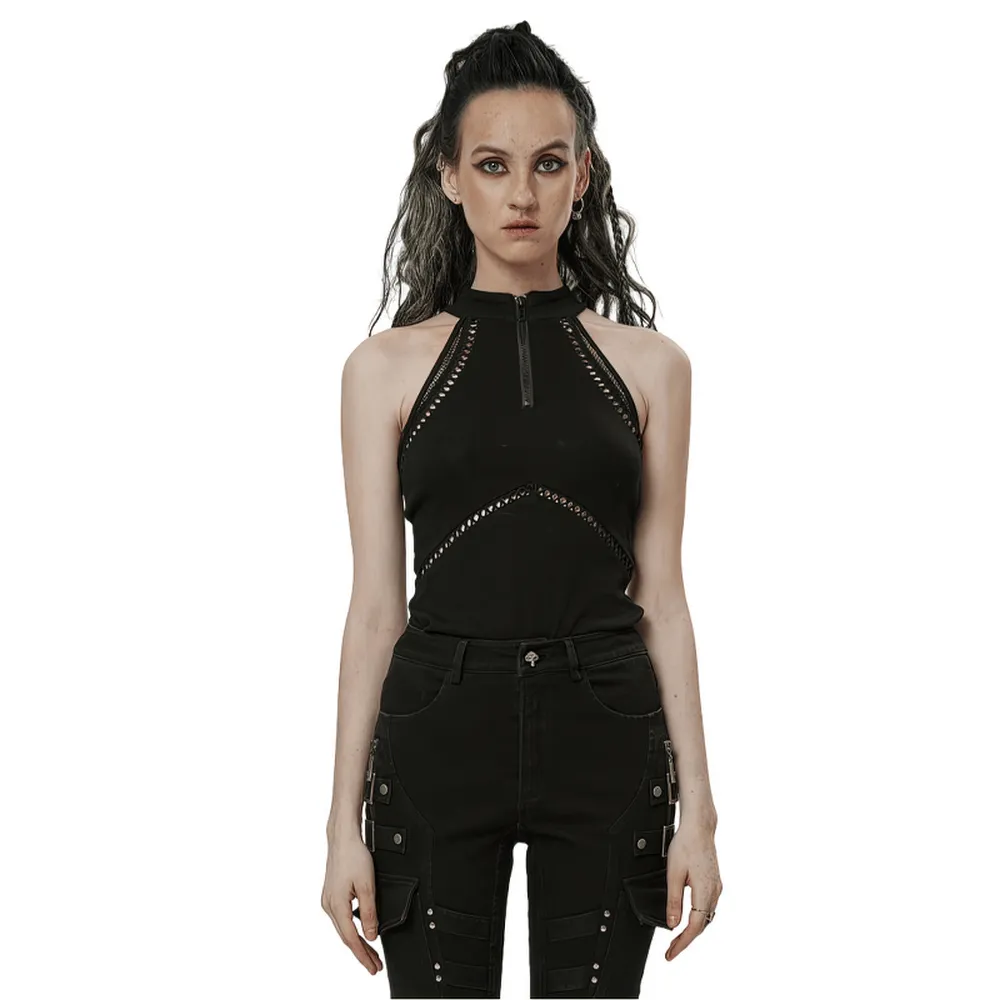 Gothic Punk Halter Mesh Tank Top - Zipper Front Black Vest