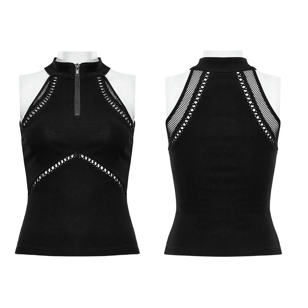 Gothic Punk Halter Mesh Tank Top - Zipper Front Black Vest