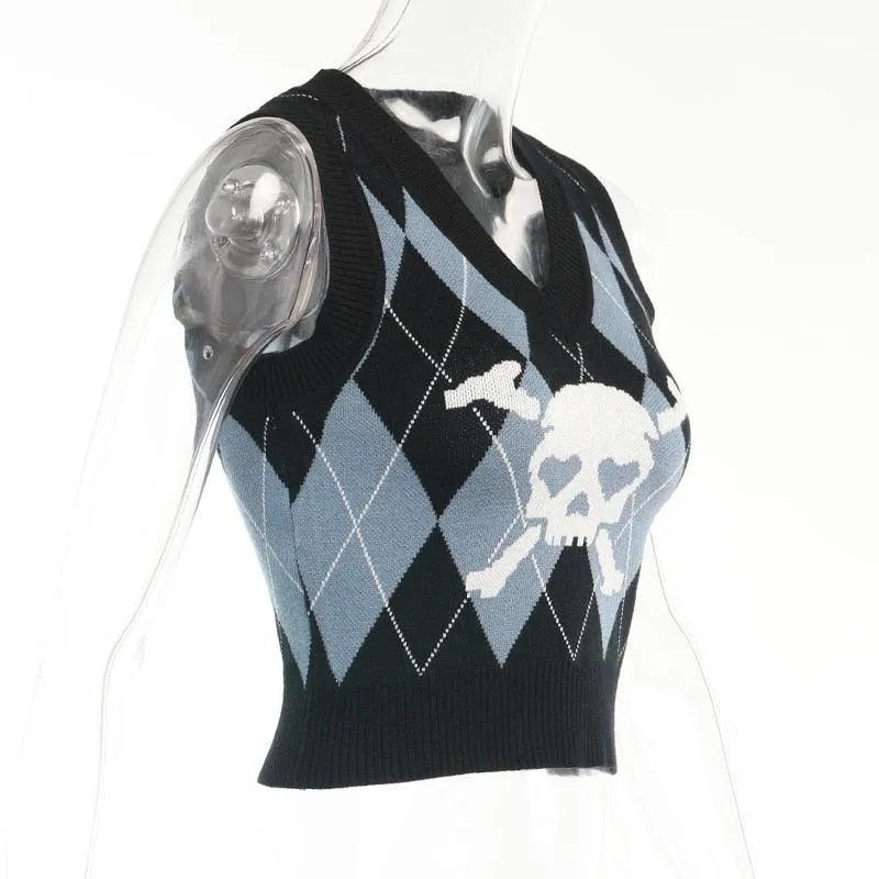 Gothic Skull And Crossbones Print Sweater Vest Sleeveless Jumper Women's Jumper Girls Jumper Goth Rock Fashion Heart Eyes