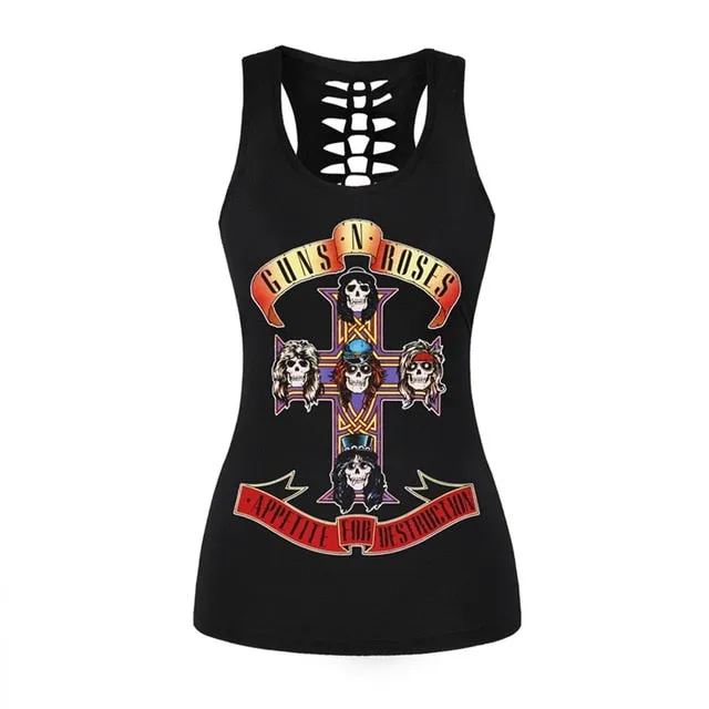 Nukty Vintage Skull Printed Women Fitness Tank Tops Gothic Punk Style O Neck Sleeveless Tee Tight Vest Tops Female Sporting Clothing