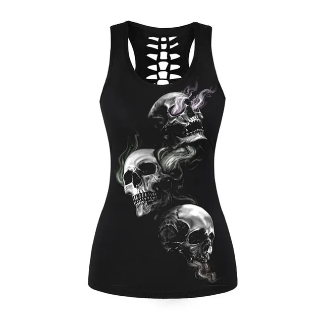 Nukty Vintage Skull Printed Women Fitness Tank Tops Gothic Punk Style O Neck Sleeveless Tee Tight Vest Tops Female Sporting Clothing