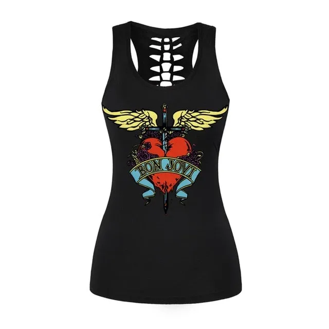 Nukty Vintage Skull Printed Women Fitness Tank Tops Gothic Punk Style O Neck Sleeveless Tee Tight Vest Tops Female Sporting Clothing