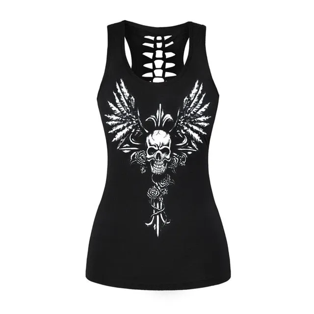 Nukty Vintage Skull Printed Women Fitness Tank Tops Gothic Punk Style O Neck Sleeveless Tee Tight Vest Tops Female Sporting Clothing