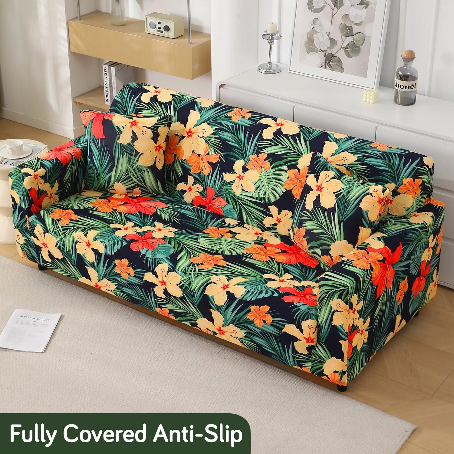 Spring Green Hibiscus Printed Elastic Sofa Cover