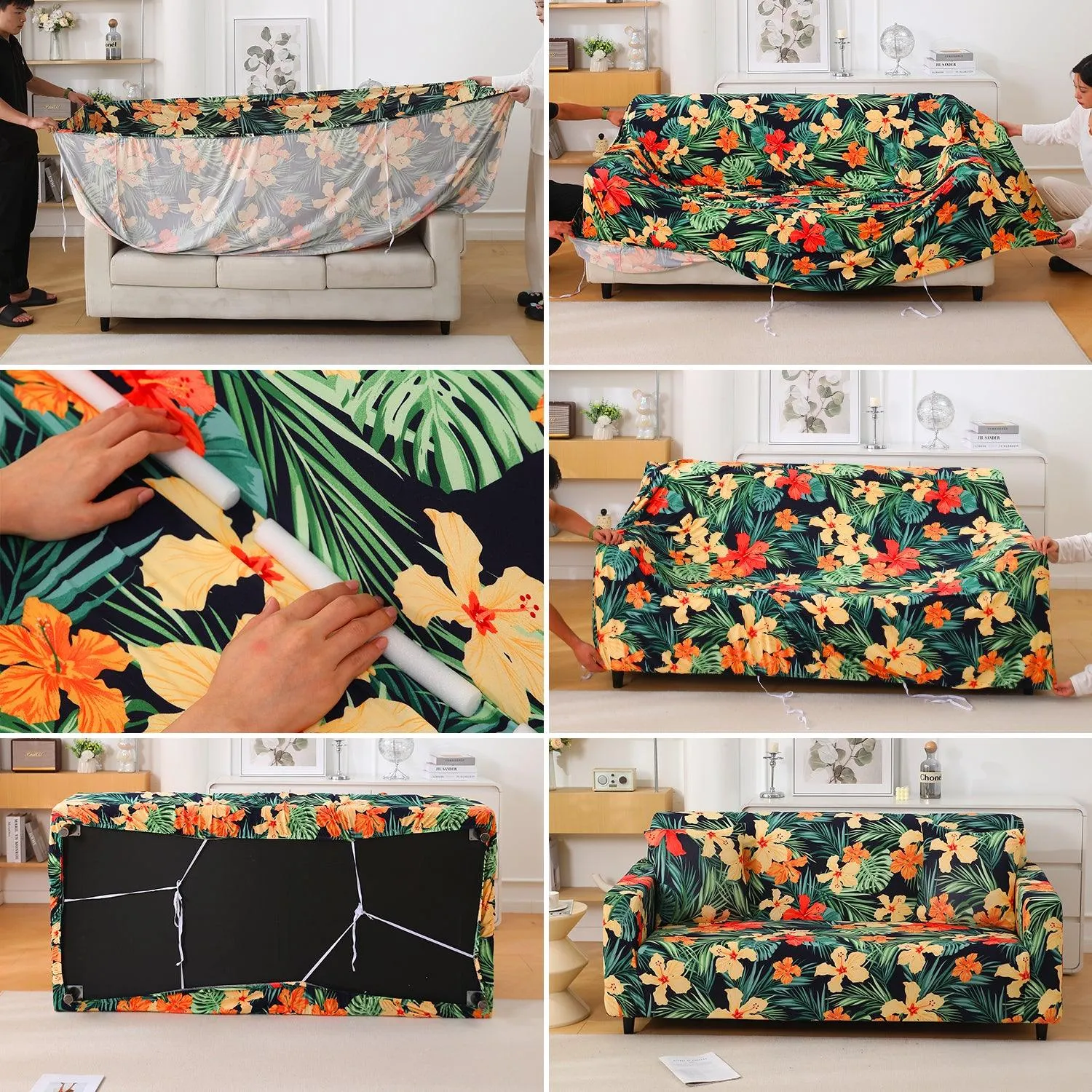 Spring Green Hibiscus Printed Elastic Sofa Cover