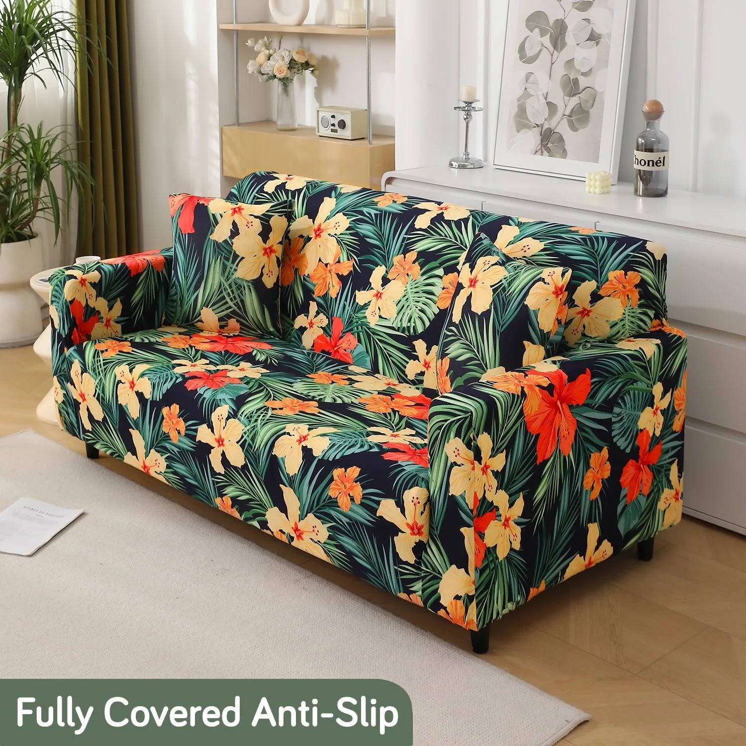 Spring Green Hibiscus Printed Elastic Sofa Cover