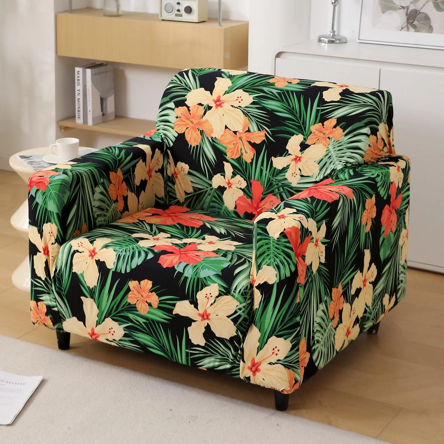 Spring Green Hibiscus Printed Elastic Sofa Cover