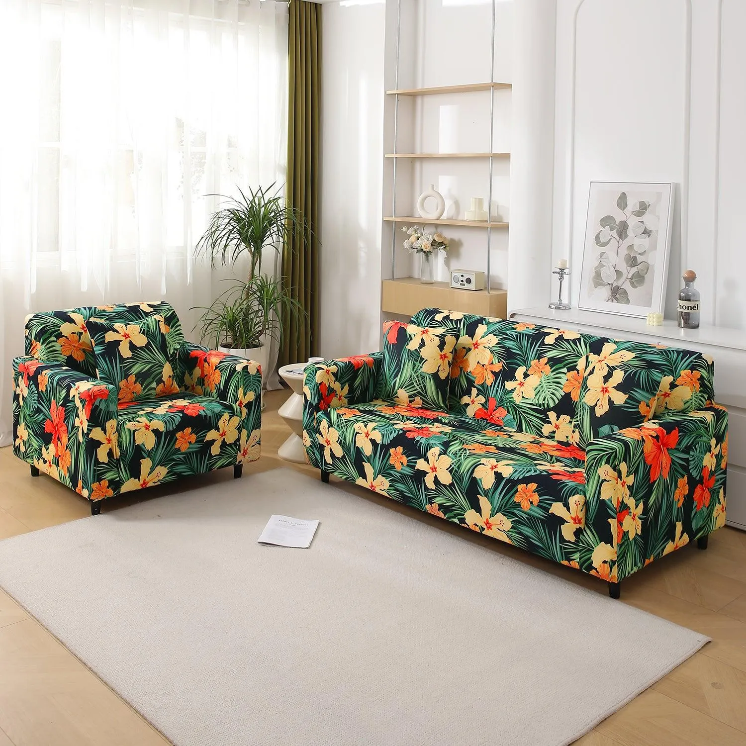 Spring Green Hibiscus Printed Elastic Sofa Cover