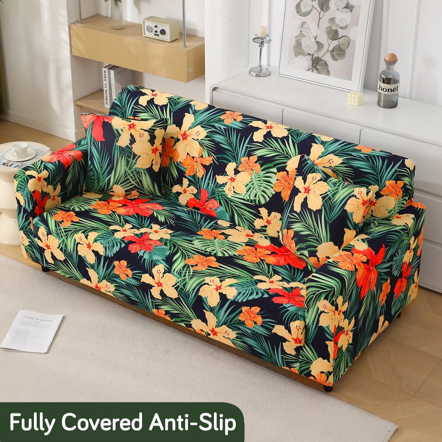 Spring Green Hibiscus Printed Elastic Sofa Cover