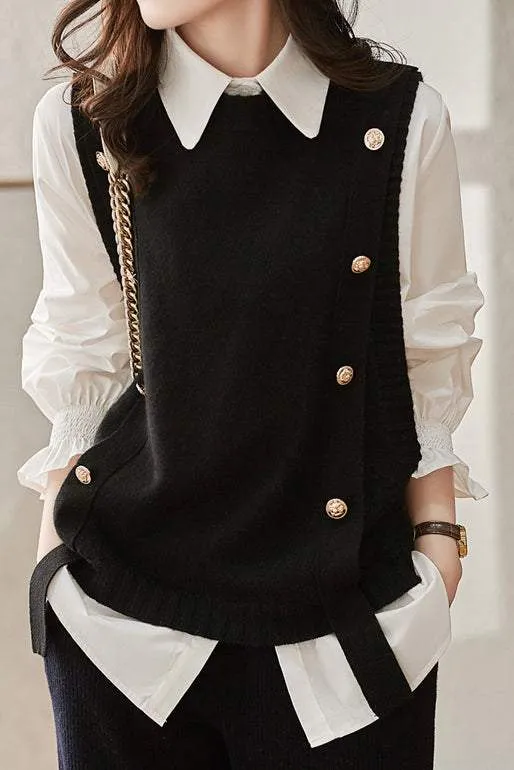 Two-piece set, knitted vest with round button decoration   shirt with frilled collar and frilled cuffs