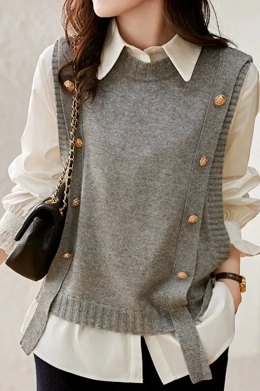 Two-piece set, knitted vest with round button decoration   shirt with frilled collar and frilled cuffs