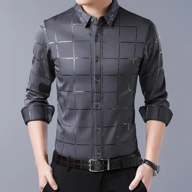 West Louis™ Brand Luxury Plaid Long Sleeve Slim Fit Dress Shirt