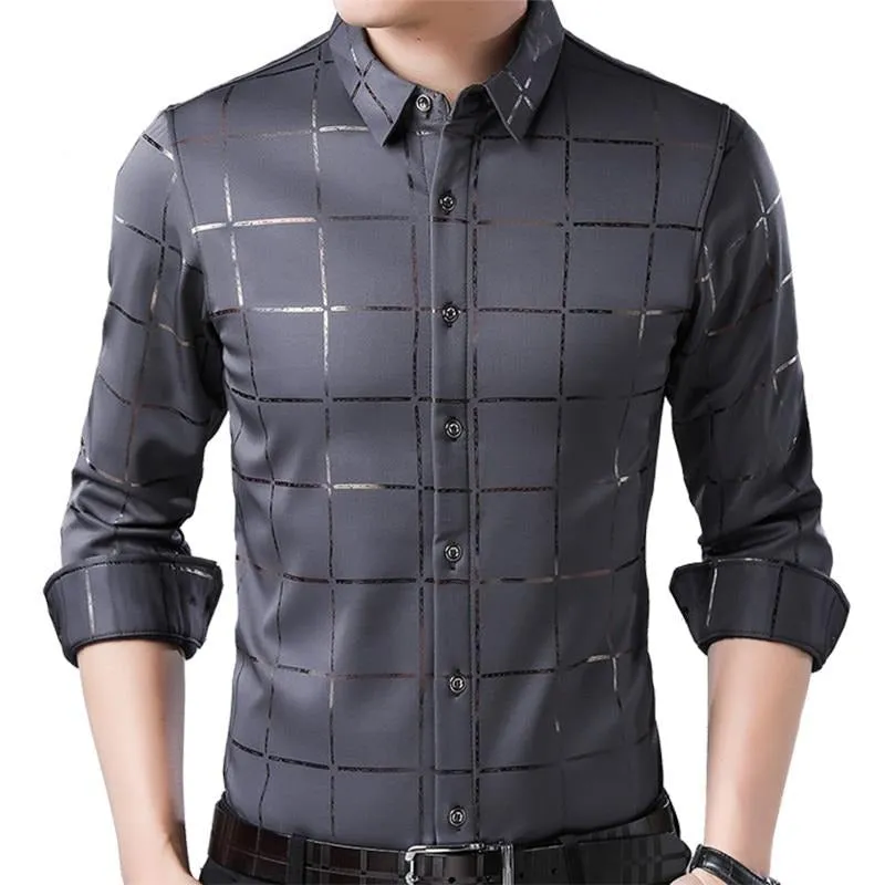 West Louis™ Brand Luxury Plaid Long Sleeve Slim Fit Dress Shirt