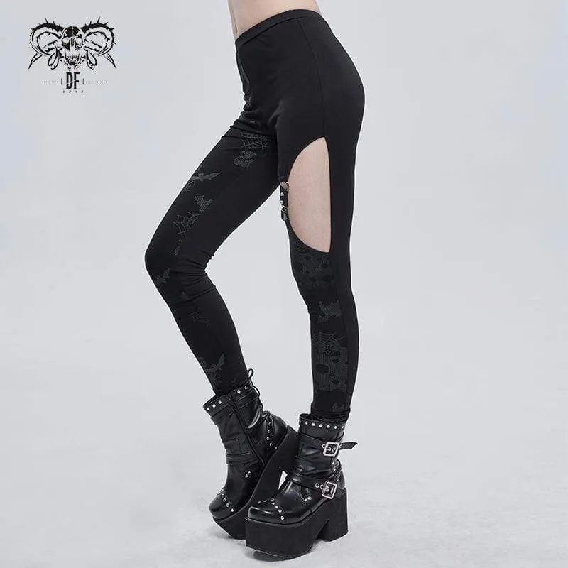 Women's Gothic Cobweb Printed Cutout Pants