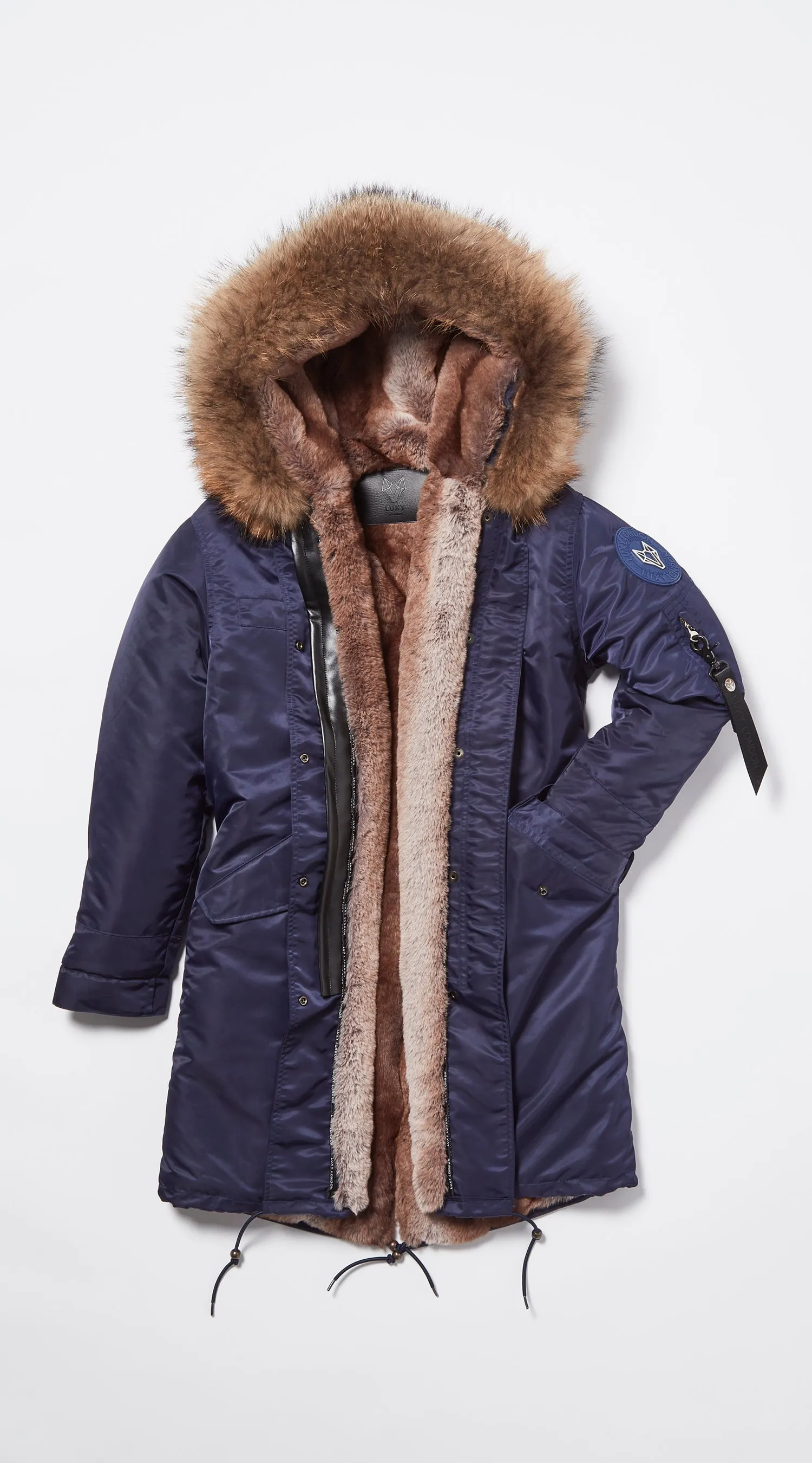 Womens Navy Water-Repellent Luxy Fur Parka - 3/4 Natural